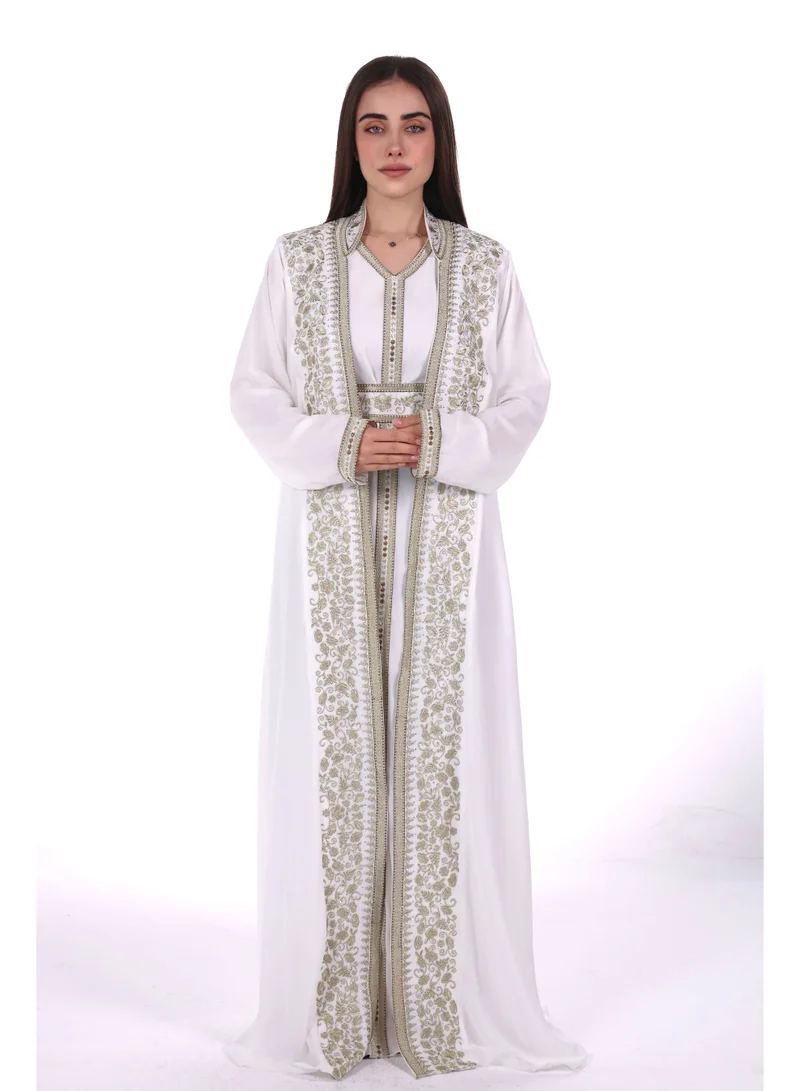 emboidered belted chiffon kaftan dress